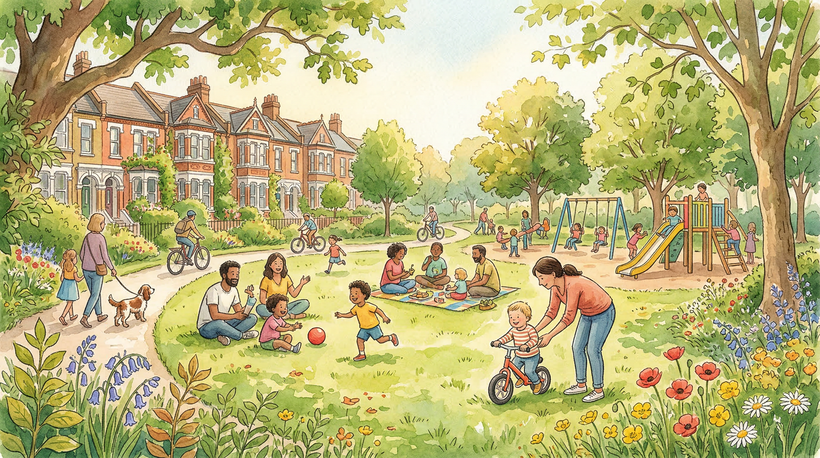 Illustration of families enjoying a park in Willesden Green